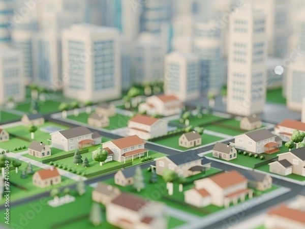 Obraz Modern, clean residential neighborhood on a sunny day. Digital 3D render.