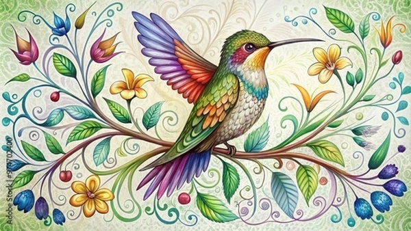 Fototapeta Vibrant hummingbird perched on a delicate vine, surrounded by intricate floral patterns and leaves, ideal for tattoo inspiration or whimsical design elements.