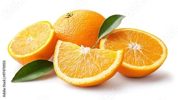 Fototapeta Orange fruit with orange slices and leaves isolated on white background Orange with clipping path : Generative AI