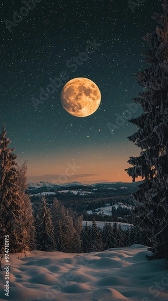 Fototapeta A Full Moon Bathes a Snowy Forest in Serene, Starry Light