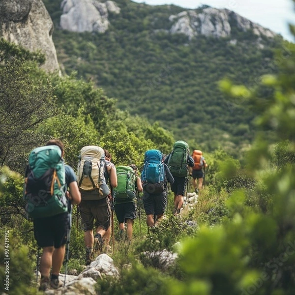 Fototapeta Packs – Hikers Wearing Backpacks Climbing Rugged Terrain Symbolizing Adventure and Endurance