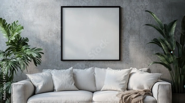 Fototapeta A contemporary living room featuring a stylish white sofa, accented with green indoor plants. The minimalistic decor is complemented by a framed wall art piece.