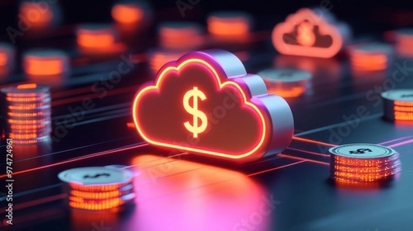 Fototapeta Digital cloud with dollar sign symbol representing financial technology and cloud-based currency transactions in a futuristic setting