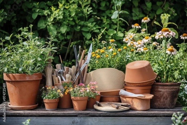 Fototapeta Gardening tools and flowerpots in a bright sunlit garden setting for enthusiastic gardeners