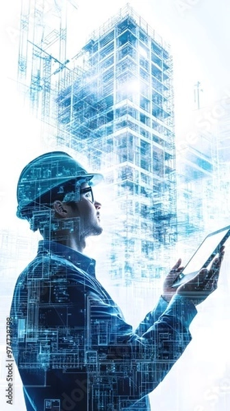 Fototapeta A digital collage of an engineer in a blue uniform and helmet, holding a blueprint with buildings and cranes behind him