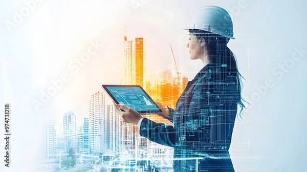 Obraz A digital collage of an engineer in a blue uniform and helmet, holding a blueprint with buildings and cranes behind him
