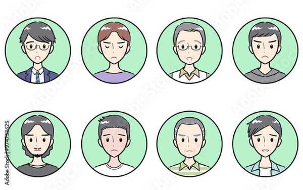 Fototapeta 様々な年代の大人男性　ネガティブな表情　丸いアイコンセット　グリーン