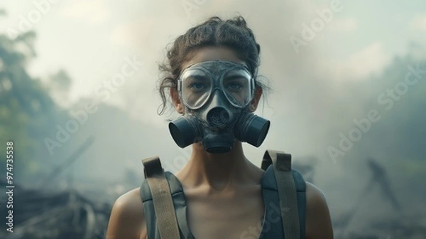 Fototapeta A woman in a gas mask looks directly at the camera, her face obscured by the mask. She is wearing a backpack and is surrounded by smoke and debris.