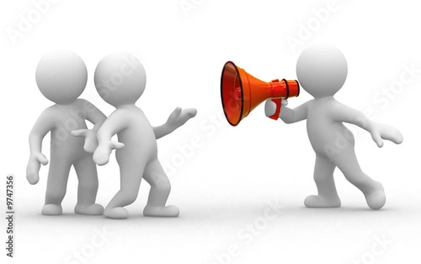 Obraz Dwóch 3D ludzi patrzy na człowieka z megafonem