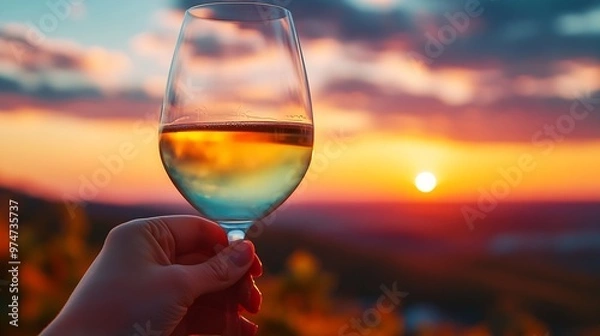 Fototapeta white wine on sunset sky background hand holding a glass of alcohol : Generative AI