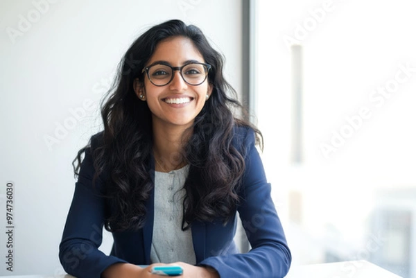 Fototapeta An Indian businesswoman in her 30s, wearing glasses, is happily smiling while sitting in her office in front of a window.