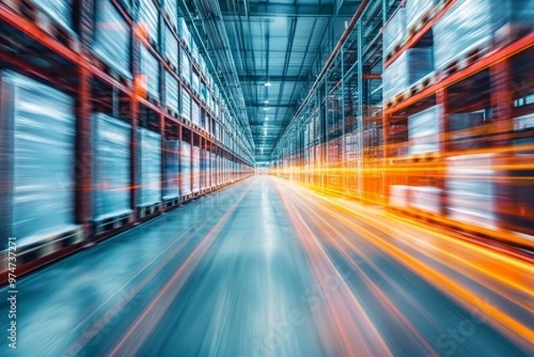 Fototapeta Blurry vision of a modern warehouse  representing the interconnectedness of cloud storage systems