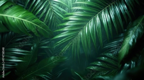 Fototapeta An image showing lush, green tropical palm leaves overlapping each other, giving a vibrant and dense appearance, creating an impression of abundance and tropical richness.