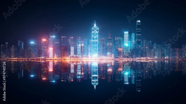 Fototapeta Modern skyline with illuminated skyscrapers reflecting off a calm surface in a digital landscape. Premium light background for technology wallpaper.