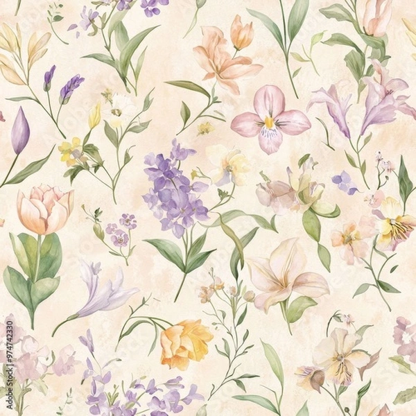 Fototapeta A delicate floral pattern featuring soft pastel colors and various flowers, perfect for spring-themed designs.