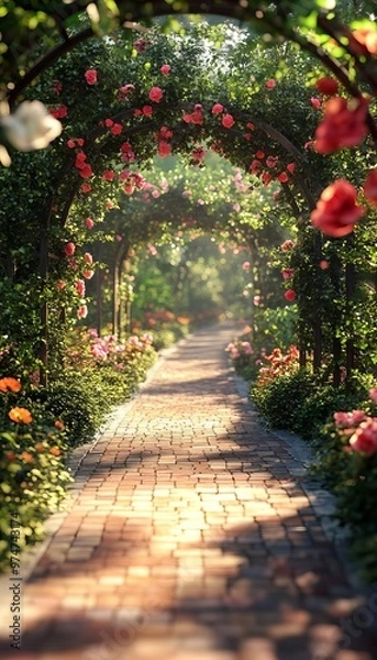 Fototapeta A serene garden pathway lined with blooming roses, inviting tranquility and beauty amidst nature's vibrant colors.