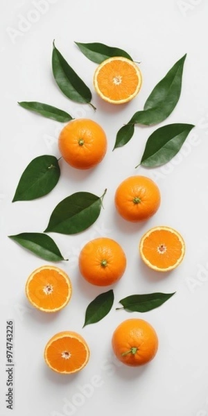 Fototapeta Fresh orange with green leaves on white. Food background. Top view
