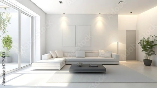 Fototapeta Minimalist living room interior, white couch and plants.