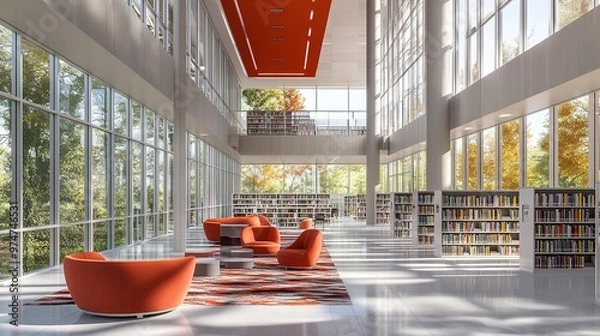Fototapeta Modern library interior with large windows and colorful furnitur
