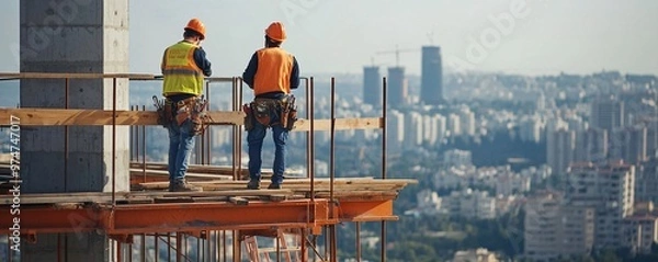 Obraz Construction Workers on High-Rise Building Site.