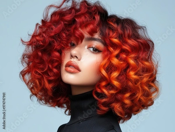 Obraz Stunning portrait of a woman with vibrant curly hair, featuring bold red and orange hues against a soft blue background.