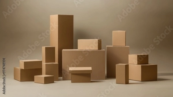 Fototapeta Boxes – Stacked Cardboard Boxes in Various Sizes on a Neutral Background