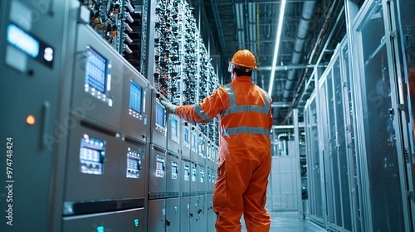 Fototapeta Electrical Engineer Working in Server Room.