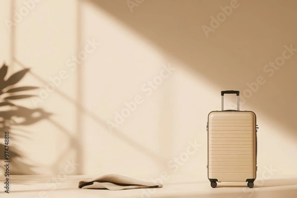 Fototapeta A stylish beige suitcase stands on a minimalist surface, complemented by soft shadows.