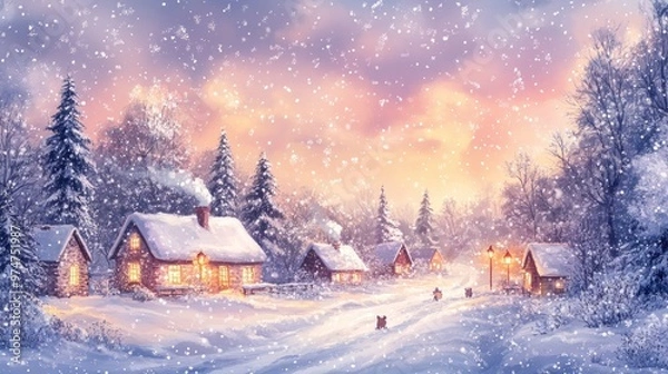 Fototapeta Snowy Village Landscape with Illuminated Windows and Falling Snow