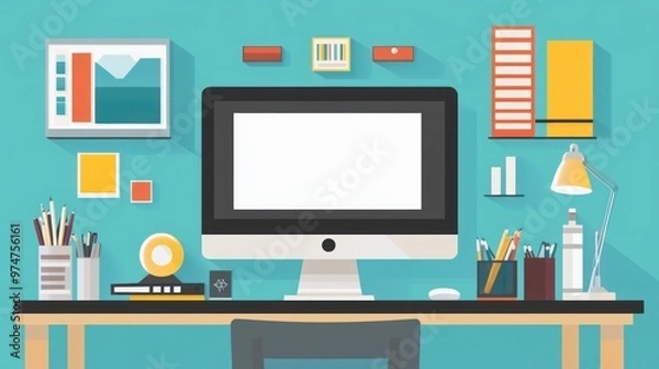 Fototapeta A modern workspace featuring a computer, desk accessories, and colorful wall decor.