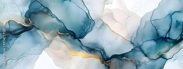 Fototapeta An abstract watercolor painting of flowing liquid gold and silver, in light blue and dark gray tones with hints of copper on a white background