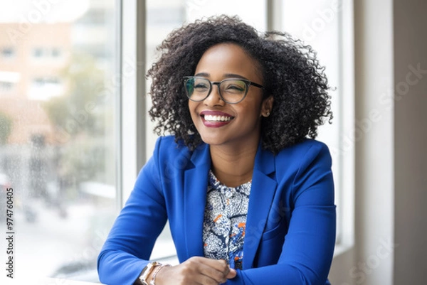 Fototapeta An Afro-American businesswoman in her 30s, wearing glasses, is happily smiling while sitting in her office in front of a window.
