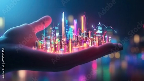Fototapeta Futuristic Cityscape in Hand with Neon Lights and Digital Graphs Representing Modern Technology and Innovation