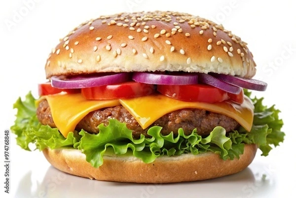 Fototapeta A Juicy Burger With Patty, Cheese, Lettuce, Tomato, Onion, And Ketchup On Sesame Bun, Isolated On White Background