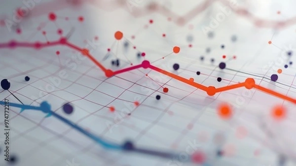 Fototapeta A complex, abstract data visualization with lines, dots, and grids in various colors, representing data trends or patterns