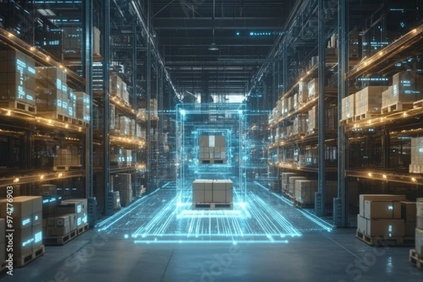 Fototapeta Futuristic warehouse with floating shelves and digital data lines transforming cargo handling