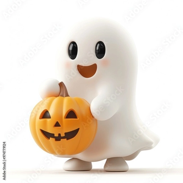 Fototapeta Smiling 3D Cartoon Ghost with Pumpkin for Halloween Fun on White Background with Copy Space