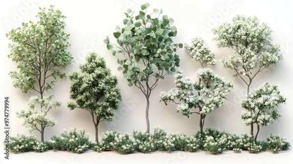 Obraz Assortment of Eucalyptus Trees with White Flowers in Nature Landscape