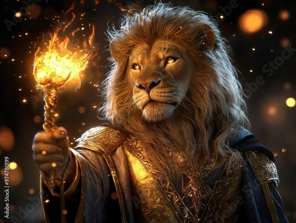 Fototapeta A lion in a royal wizard robe, commanding glowing flames with a magical scepter in an ancient temple, lion wizard, regal and powerful magic