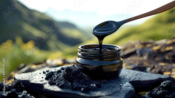 Obraz An open black jar of liquid Shilajit resin on a rocky surface. A jar with a spoon scooping and pouring black liquid Shilajit resin back into the jar. Black solid shilajit stones are placed nearby.