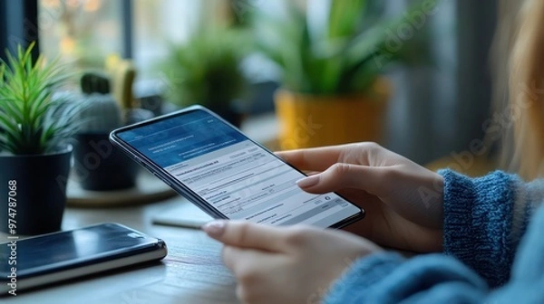 Obraz A person completing an online enrollment form for a course or program on their mobile phone, with a step-by-step process and smooth user experience.