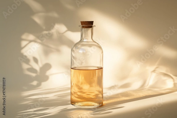 Fototapeta Transparent glass bottle, with liquid inside, showing light and shadow interactions,
