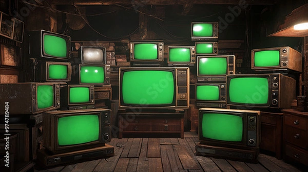 Obraz artistic 3d rendered composition stack old classic television with green screen monitors random positions in empty room dynamic composition cinematic lighting video element chroma key video element