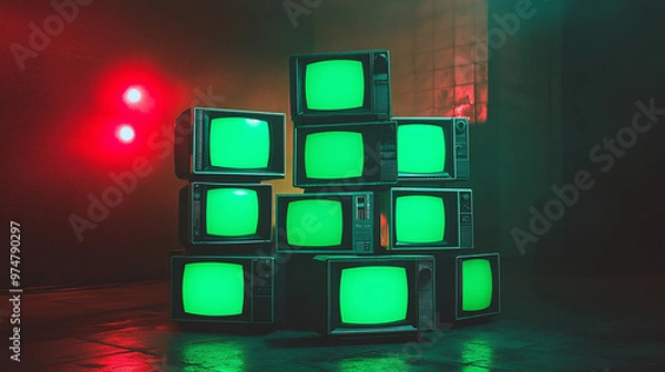 Fototapeta 3d rendered stack of classical old televisions, aged green screen tv monitors, panorama vintage chrome key TVs, vintage video element cinematic red lighting composition dynamic scene