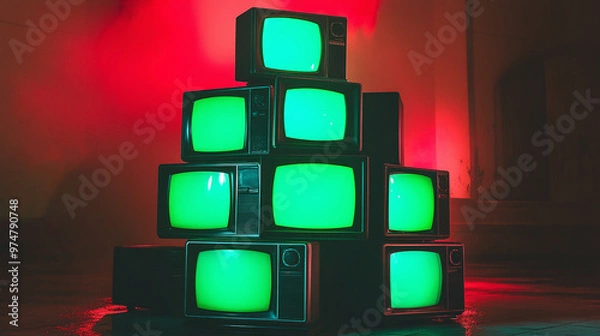 Fototapeta 3d rendered stack of classical old televisions, aged green screen tv monitors, panorama vintage chrome key TVs, vintage video element cinematic red lighting composition dynamic scene