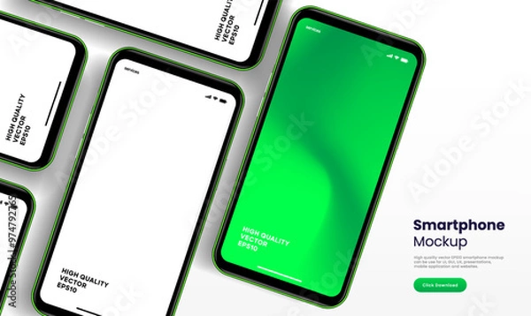 Obraz Realistic smartphone mockup. Mobile phone vector with isolated on white background. Device front view. 3D mobile phone with shadow. Realistic, high quality smart phone mockup for ui ux presentation.
