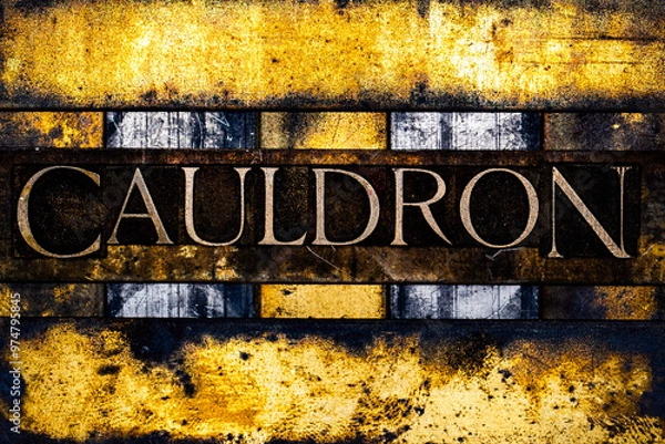 Fototapeta Cauldron text in real authentic typeset letters on vintage textured silver grunge copper and gold background