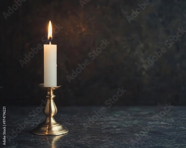 Fototapeta A brass candle holder with a flickering flame, isolated and casting a gentle glow candle holder, illumination, ambient brass