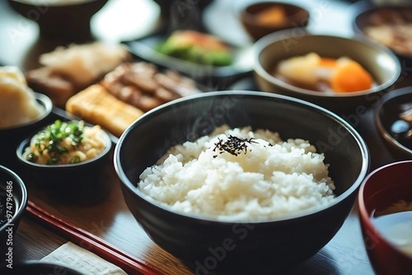 Obraz Steaming bowl of white rice served on table with variety of japanese dishes