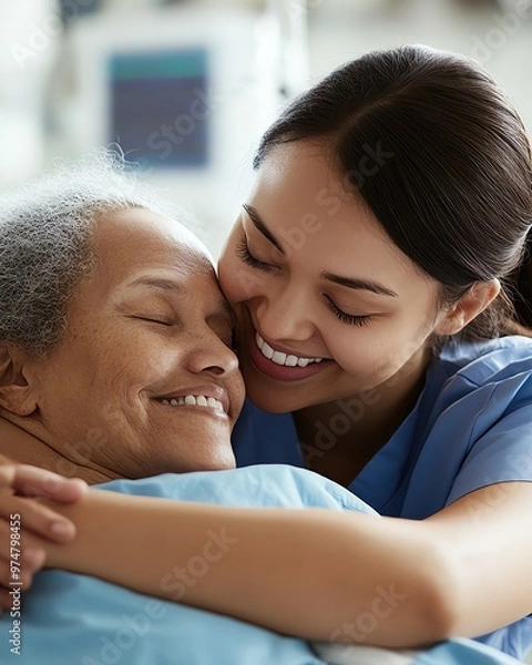 Fototapeta A caring nurse embraces an elderly patient, showcasing compassion and connection in a healthcare setting.